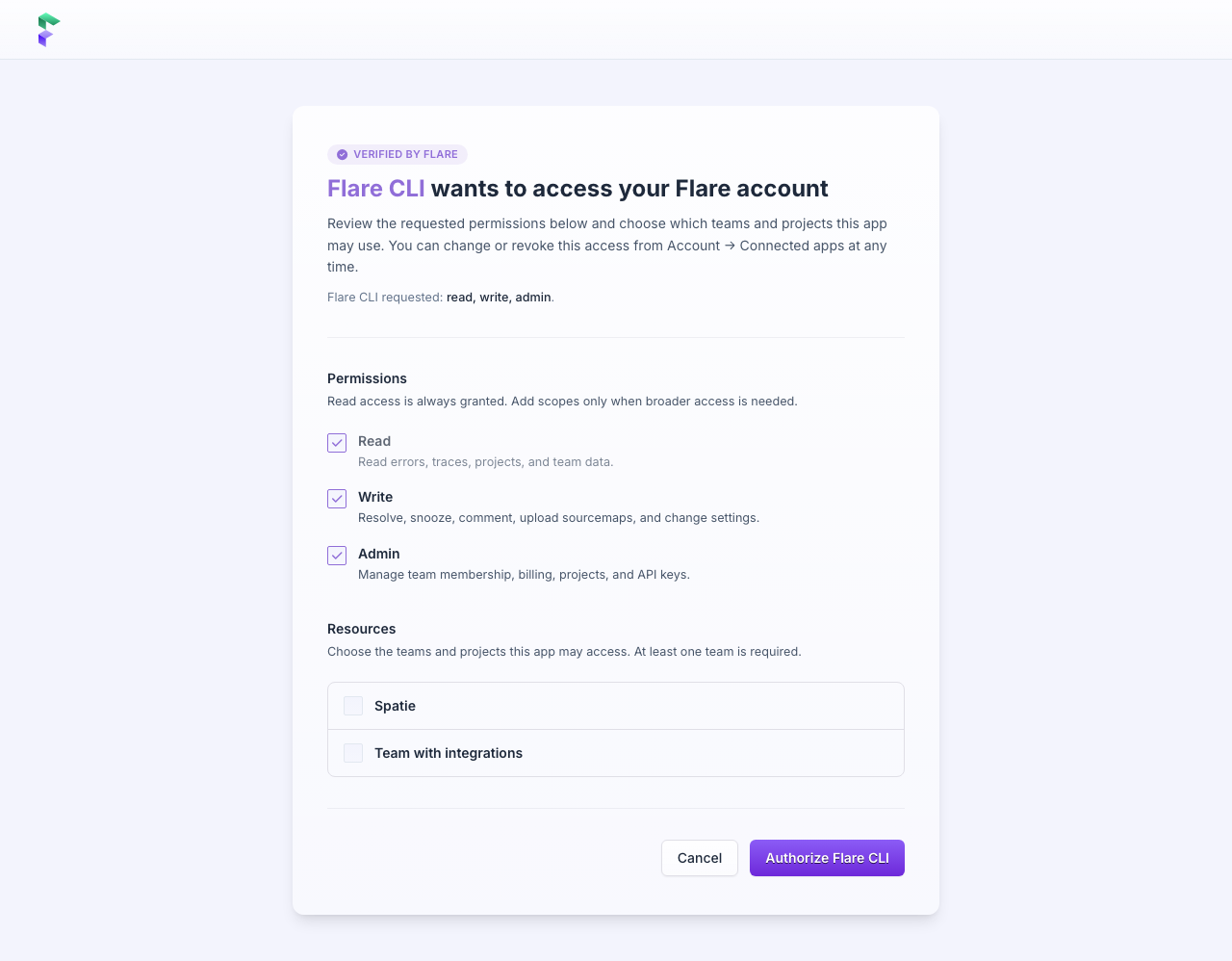 Flare CLI consent screen
