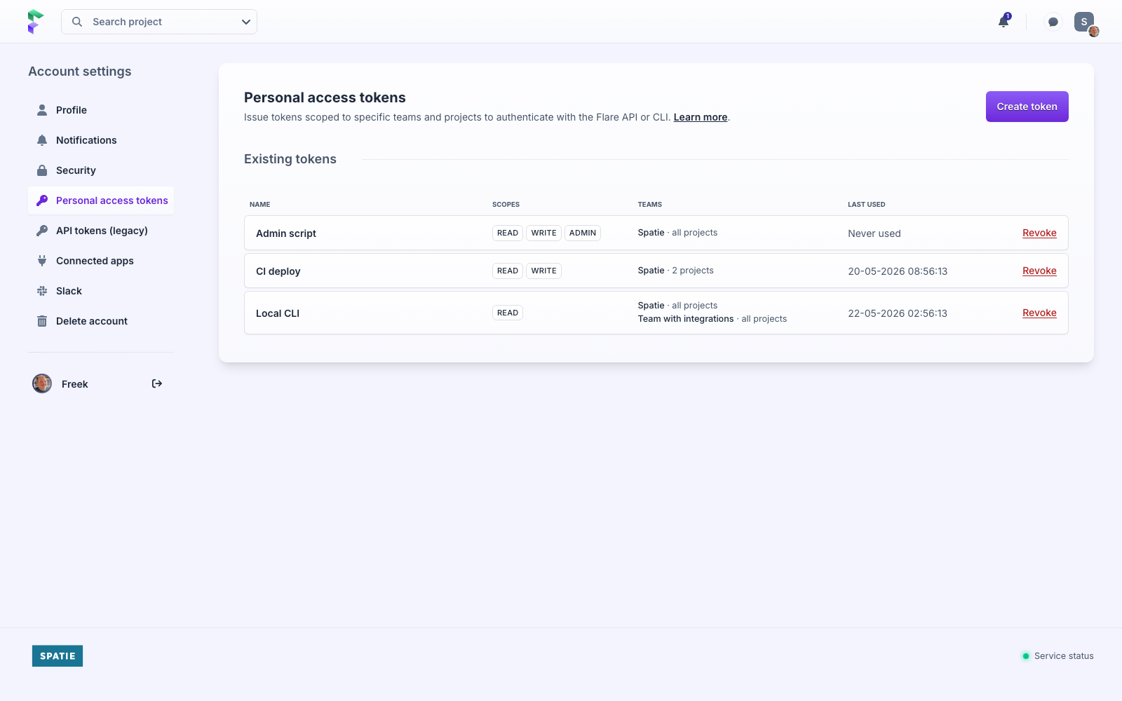 Personal access tokens screen
