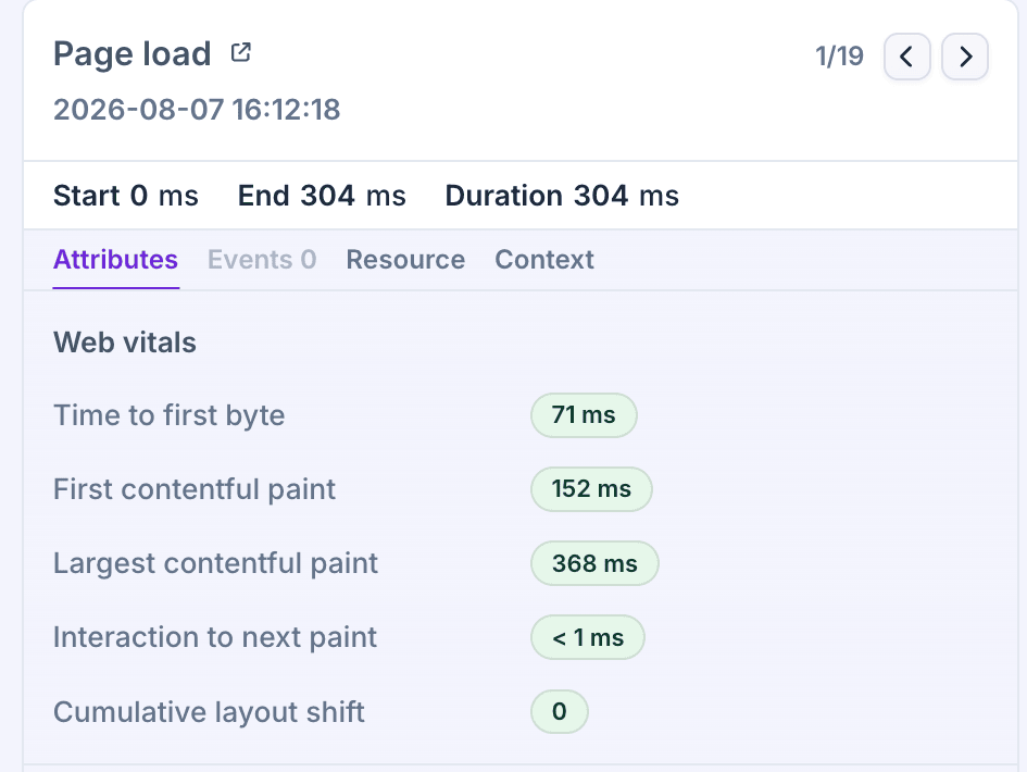The span side panel in Flare showing the Web vitals section with time to first byte, first contentful paint, largest contentful paint, interaction to next paint and cumulative layout shift