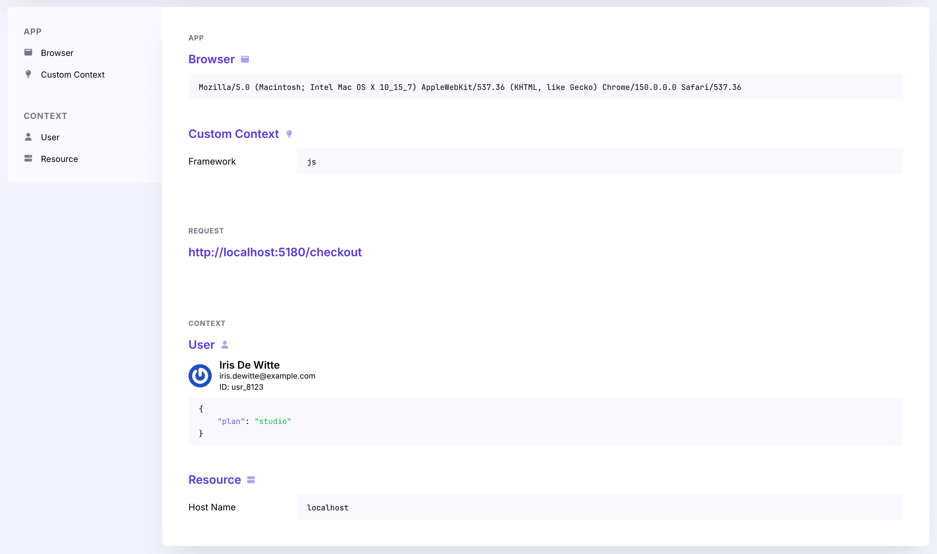The context pane of an error in Flare, showing the user with their name, email, and attributes