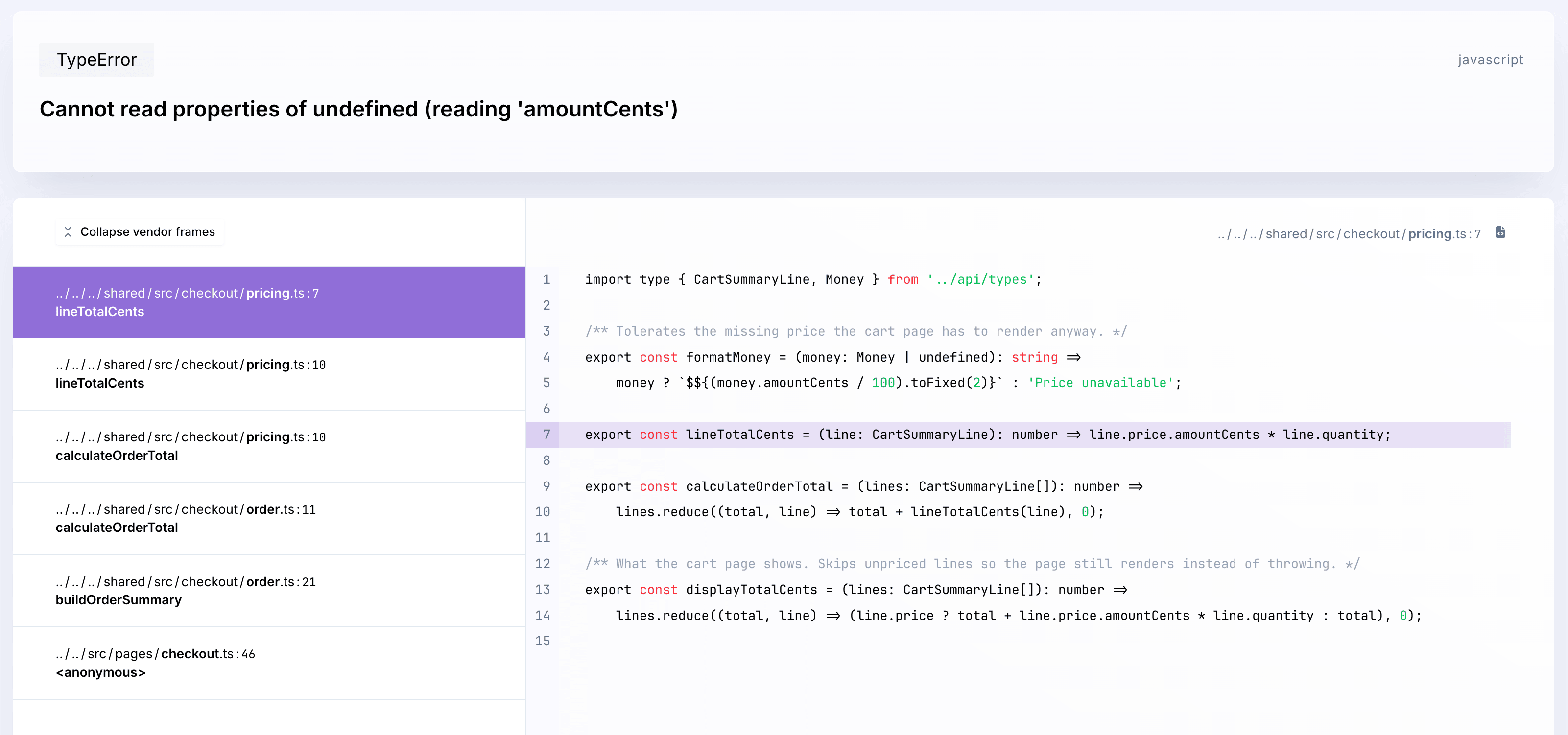A stack trace in Flare showing the original, unminified source code