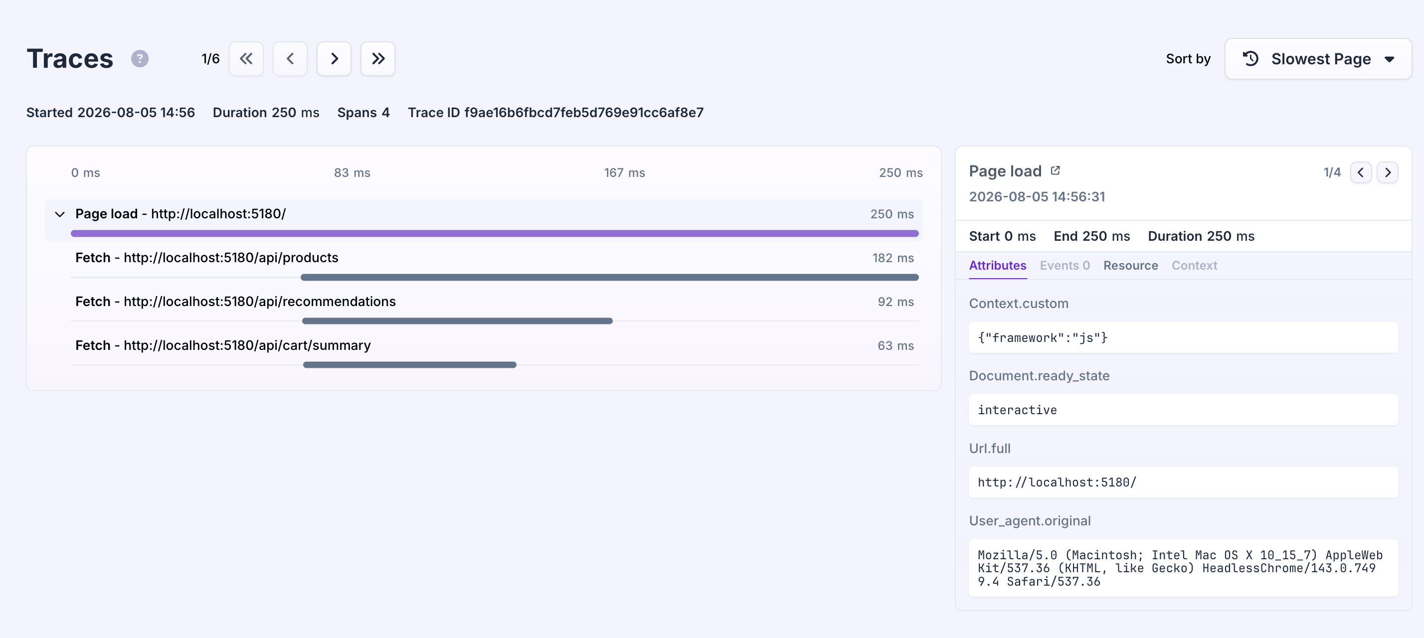 A trace waterfall in Flare showing a page load span with fetch requests inside it