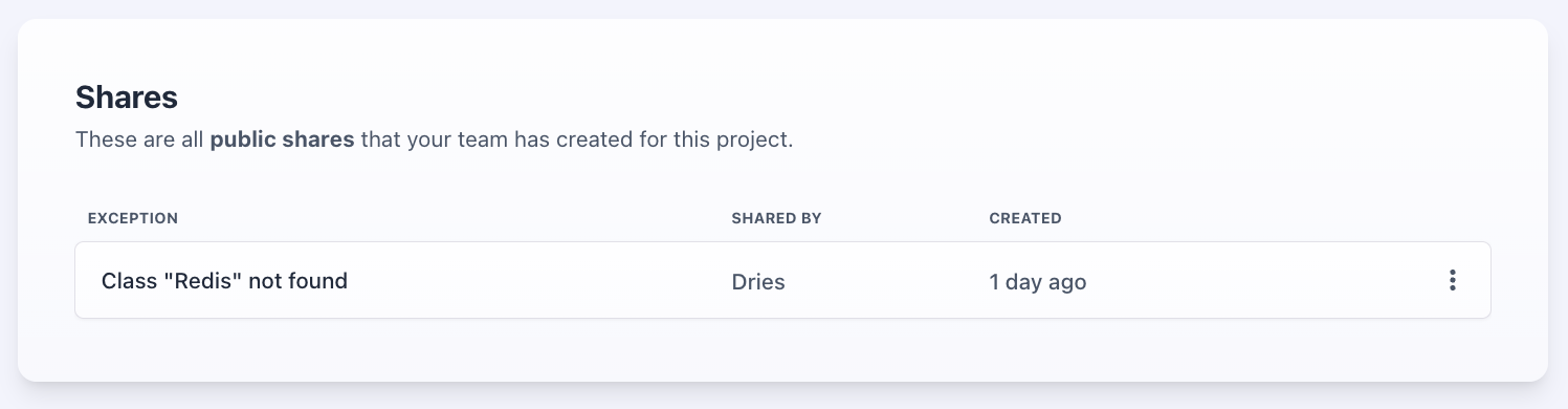 Screenshot of shares screen