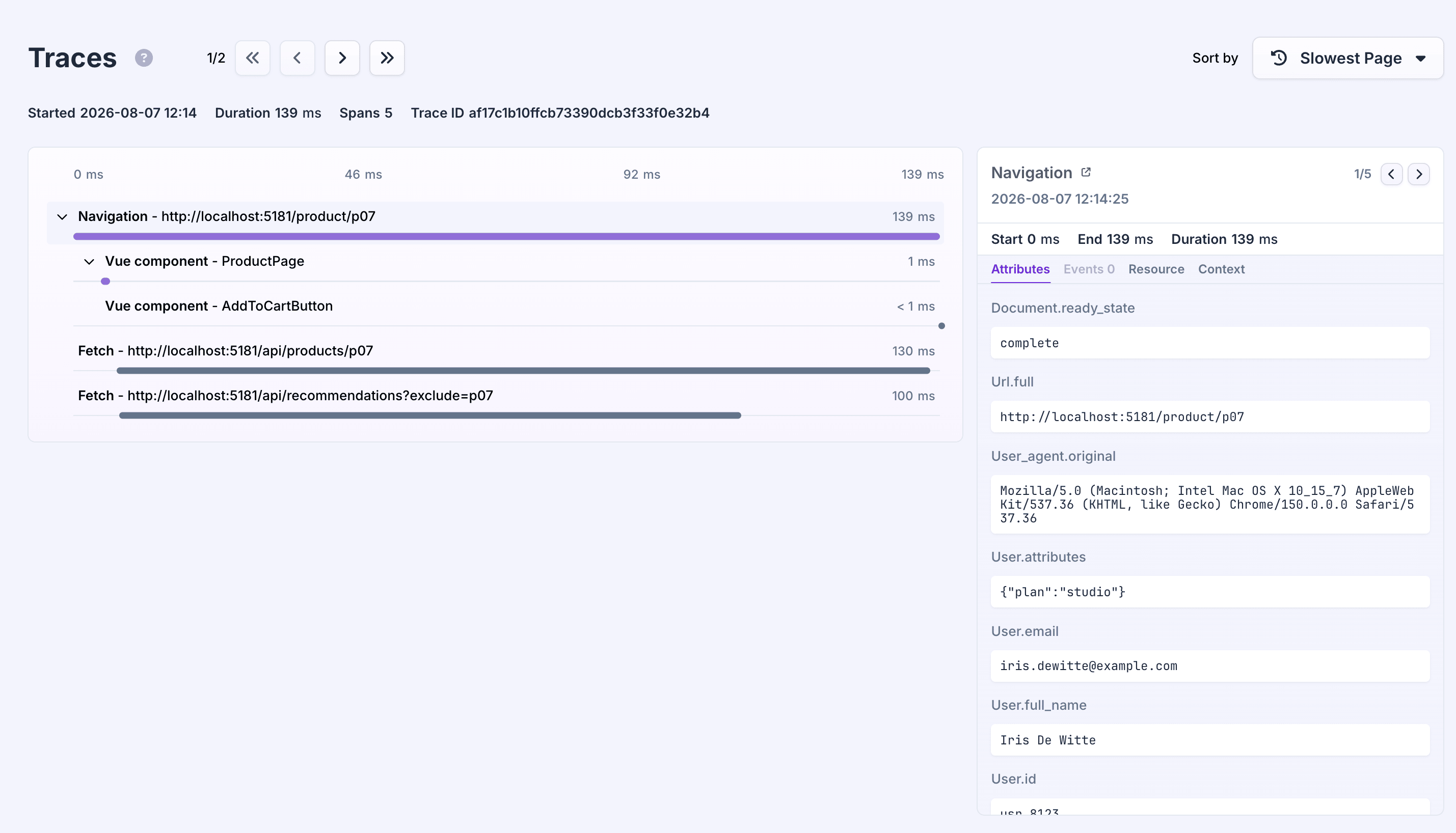 A trace waterfall in Flare showing a browser_navigation span with component and fetch spans nested inside it